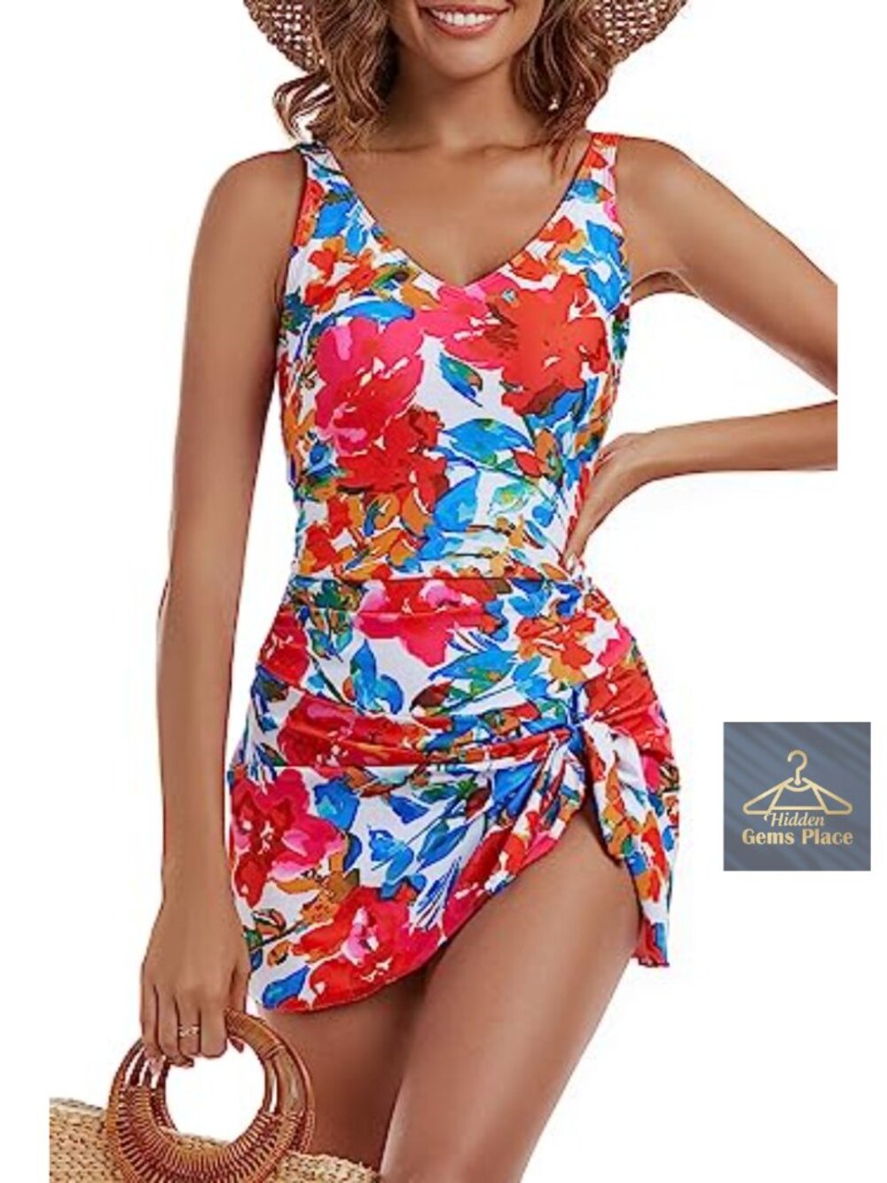One Piece Swim Dress Tummy Control V Neck Ruched Bathing Suit - Picture 4 of 5